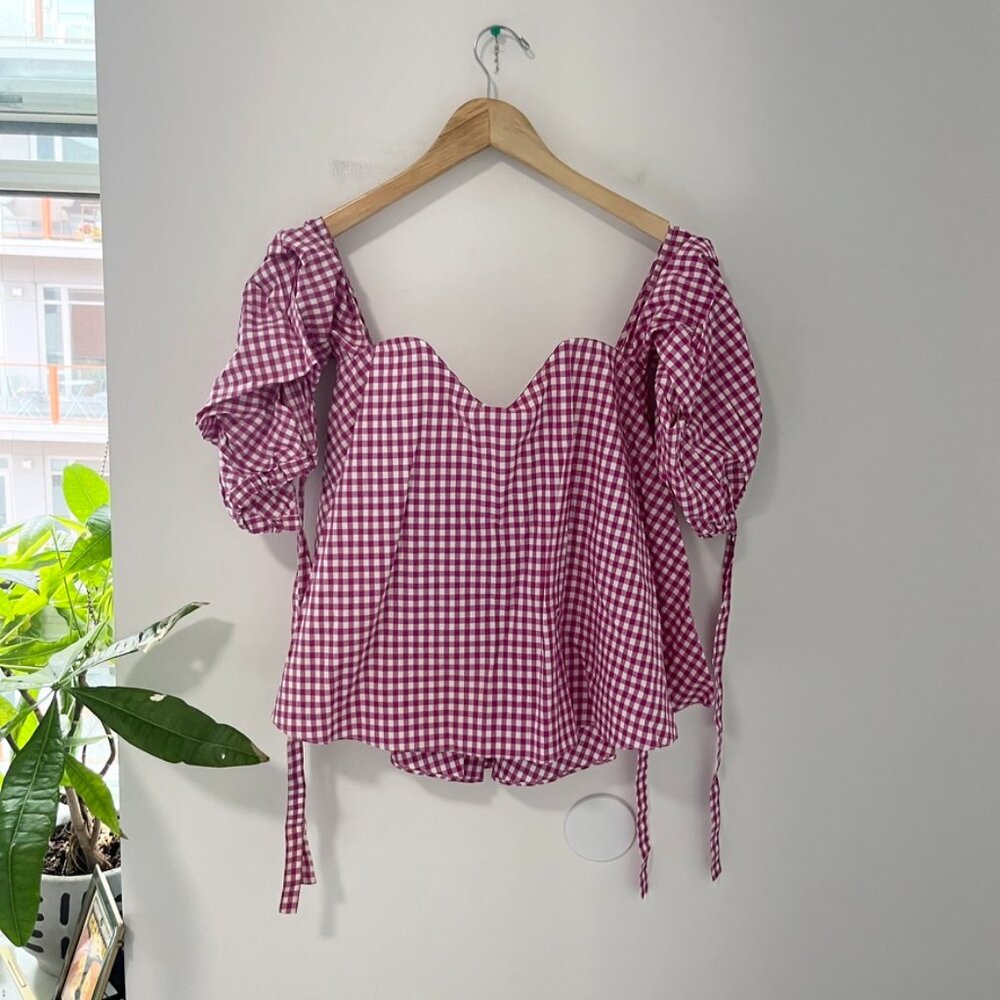 Caroline Constas Pink & White Gingham Print Short Sleeve Top Size XS